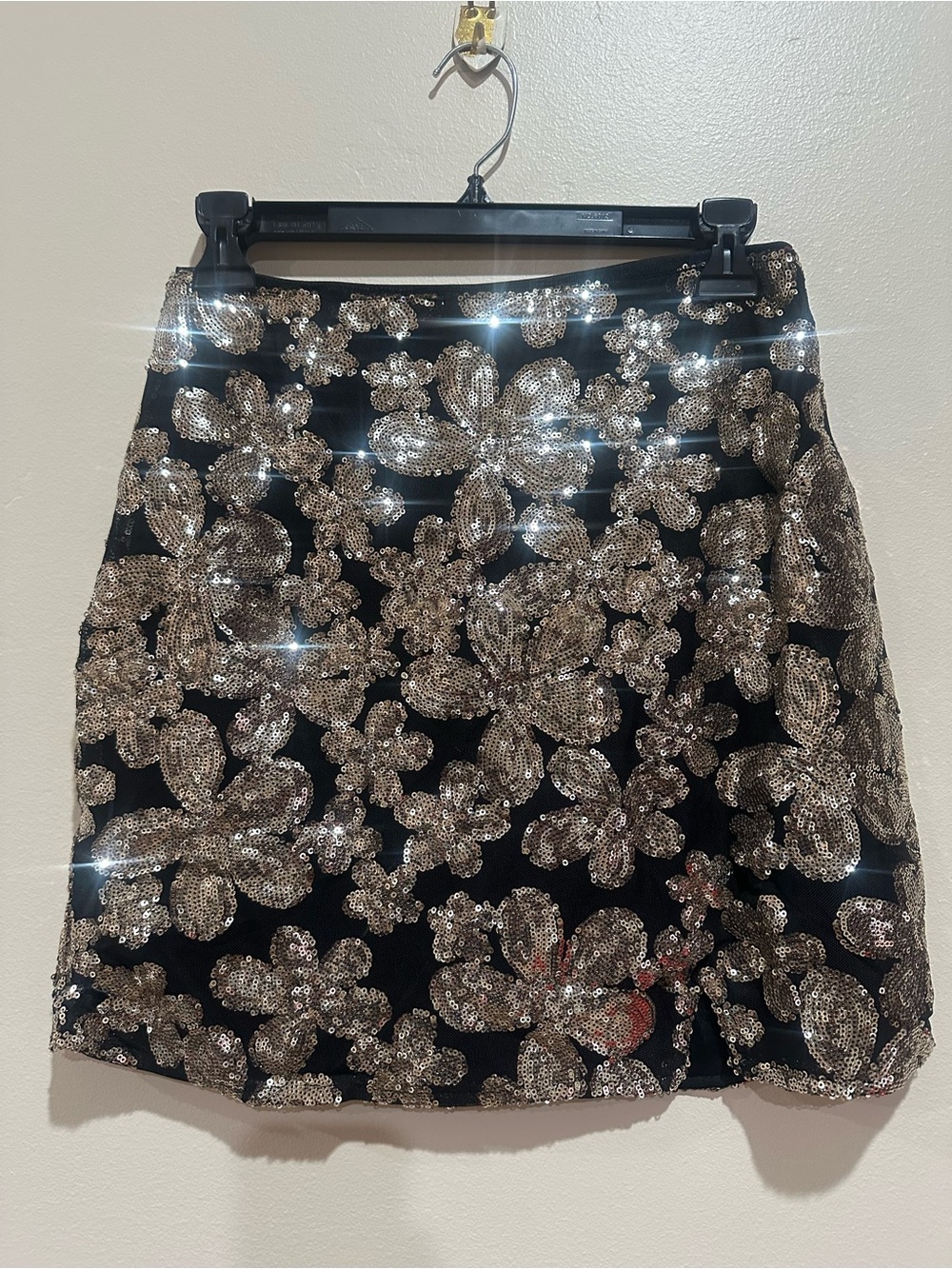 Pink Lily Black Mini Skirt with Gold Sequin Floral Design